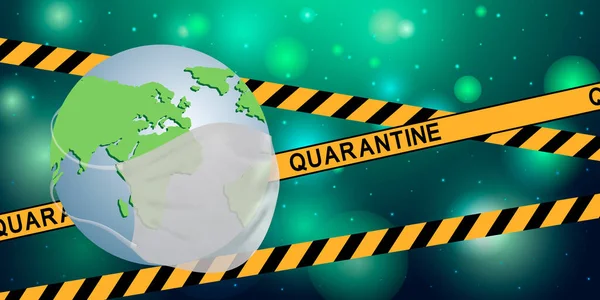 碑文Quarantineと黄色のテープで地球の世界 コロナウイルスの発生に関する世界的な隔離 検疫世界パンデミック パンデミック医療健康リスク 検疫ウイルスの概念 ベクトル — ストックベクタ