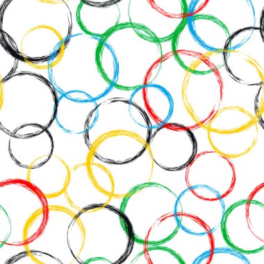 Beyaz arka planda izole edilmiş kusursuz desenli grunge daireler. Halkalar olimpiyat tarzı. Renkli fırça daireli 2020 Tokyo şablon tasarımı. Vektör illüstrasyonu