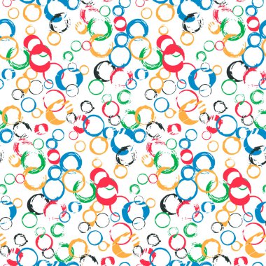 Beyaz arka planda izole edilmiş kusursuz desenli grunge daireler. Halkalar olimpiyat tarzı. Renkli fırça daireli 2020 Tokyo şablon tasarımı. Vektör illüstrasyonu
