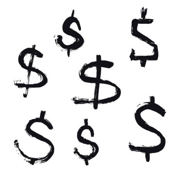 Beyaz üzerine izole edilmiş el yapımı dolar sembollerinin vektör koleksiyonu. Sıkıntılı tüy kalem. Modern desenli kalem darbesi. Bu desen reklam, poster ve Amerikan doları için kullanılabilir.