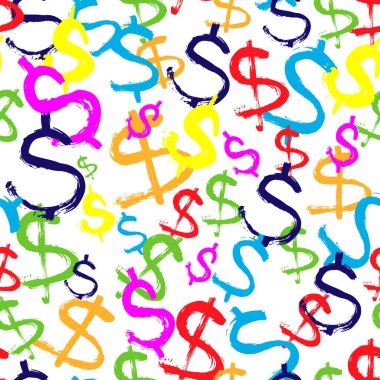 Beyaz arka planda izole edilmiş kusursuz el çizimi renkli dolar sembolleri. Şablon reklam, poster, afiş, kapak, tekstil, kumaş, duvar kâğıdı, Usd paranızın ambalajı için kullanılabilir. Vektör