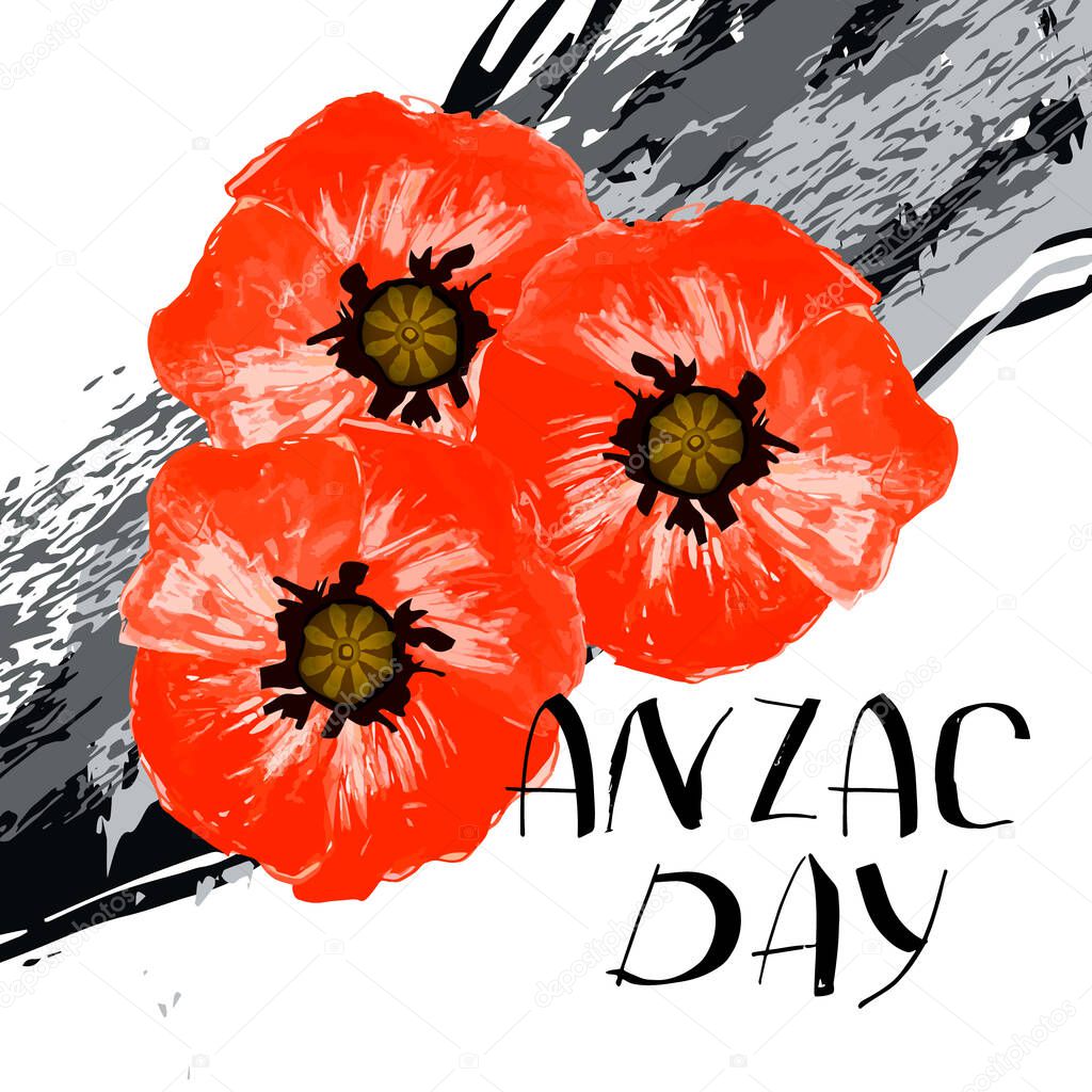 Anzac day background with red abstract poppies. Red poppies on a background of hand drawn ink grunge strokes. Remembrance Day vector illustration. Design element for poster, banner, web design