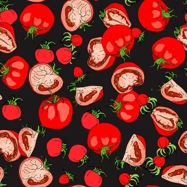 Nahtloses Skizzenmuster Mit Geschnittenen Tomaten Tomatenscheiben Und Tomaten Isoliert Auf — Stockvektor