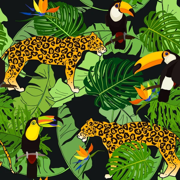 Motif Tropical Sans Couture Avec Toucan Oiseau Tropical Lumineux Feuilles — Image vectorielle