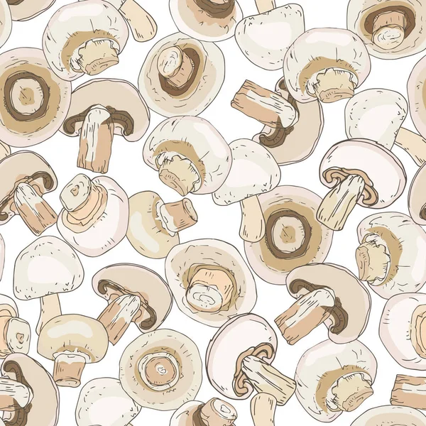 无缝图案的新鲜开胃香菇堆放在白色上 完整的有机真菌 切成薄片 纺织品模板 包装材料 包装纸 — 图库矢量图片