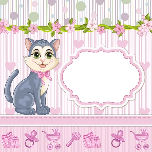 Bébé douche invitation pour fille avec chaton — Image vectorielle