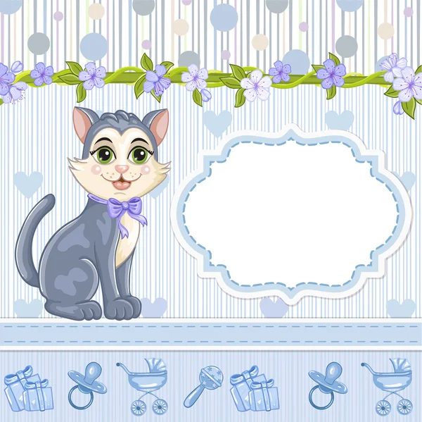 Bébé douche invitation pour garçon avec chaton — Image vectorielle