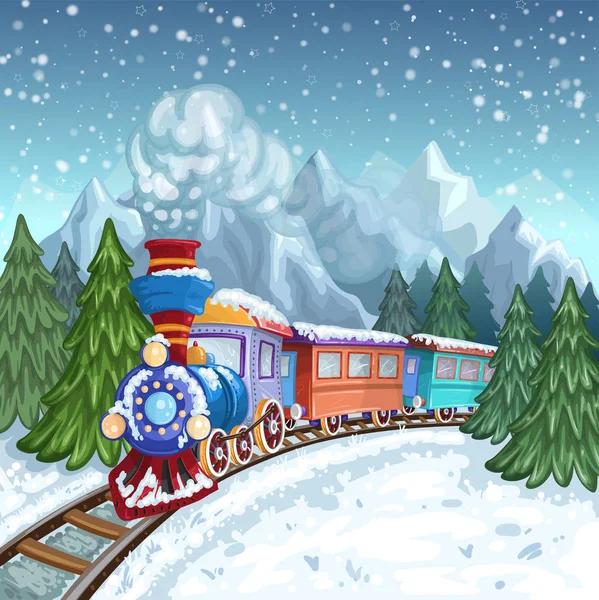 Tren colorido con humo gris y paisaje invernal — Vector de stock