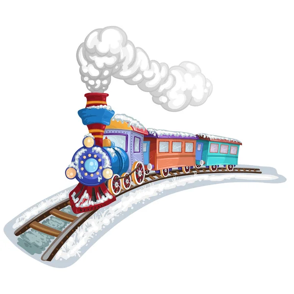 Colorful train covered in snow with gray smoke — Stock Vector