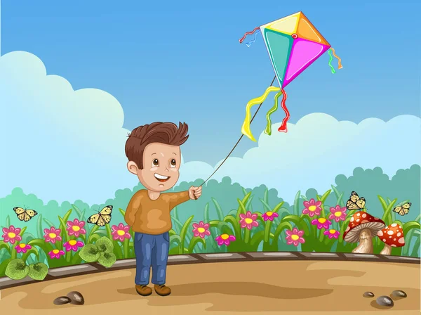 Cartoon enfant jouant avec cerf-volant dans le parc — Image vectorielle