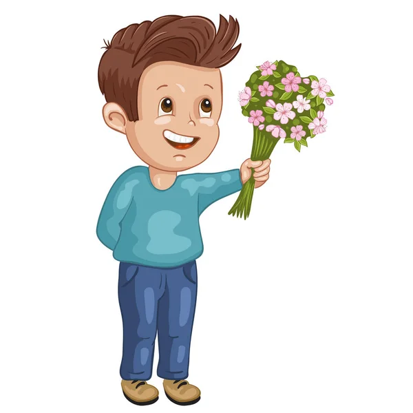 Ilustración de un lindo niño con un hermoso ramo de flores — Vector de stock