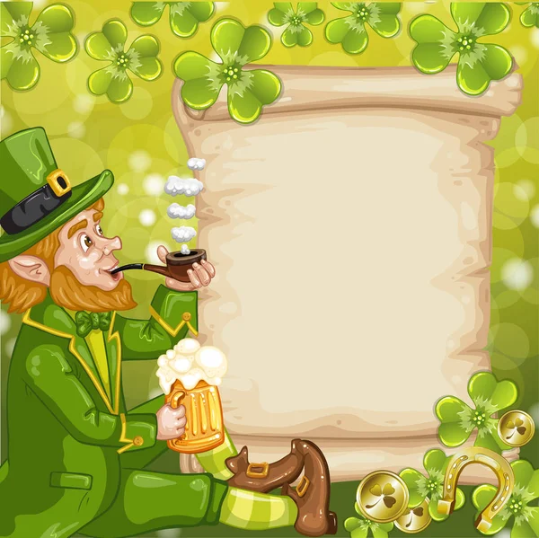 Cute Irish Leprechaun with mugs of green background — Stock Vector