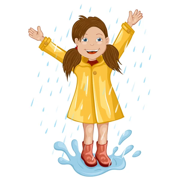 Mädchen im Regenmantel springt und spielt im Regen. — Stockvektor