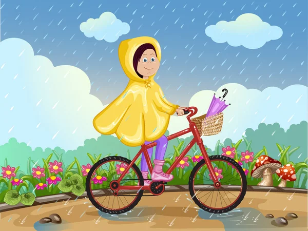 Meisje in regenjas rijden op een fiets onder de regen. — Stockvector