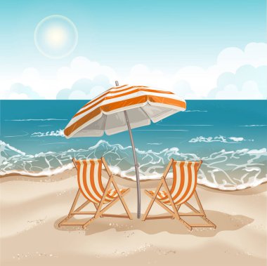 Deniz kıyısı plaj şemsiyesi ve sandalyeler ile gösteren resim 
