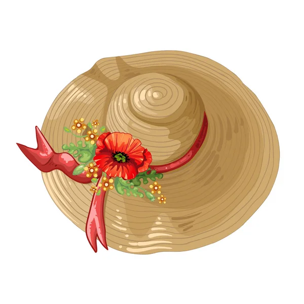 Illustration einer braunen Mütze mit Schleife und Mohnblumen — Stockvektor