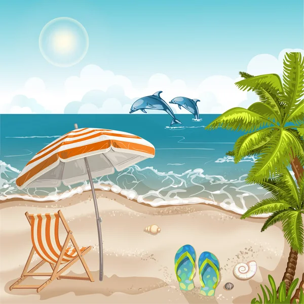Illustration of a seashore with a beach umbrella and chair — Stock Vector