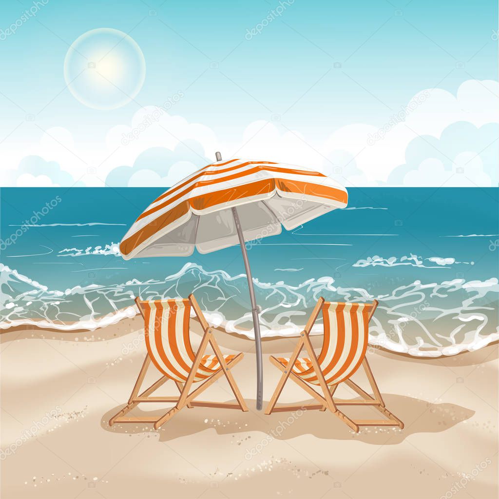 Illustration of a seashore with a beach umbrella and chairs 