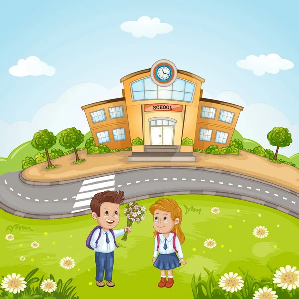 Illustration av studenter framför skolbyggnaden — Stock vektor