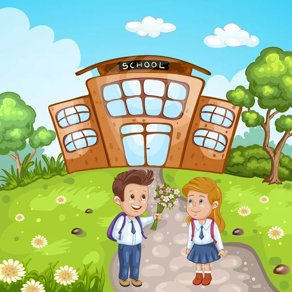 Illustration des élèves devant le bâtiment de l'école — Image vectorielle
