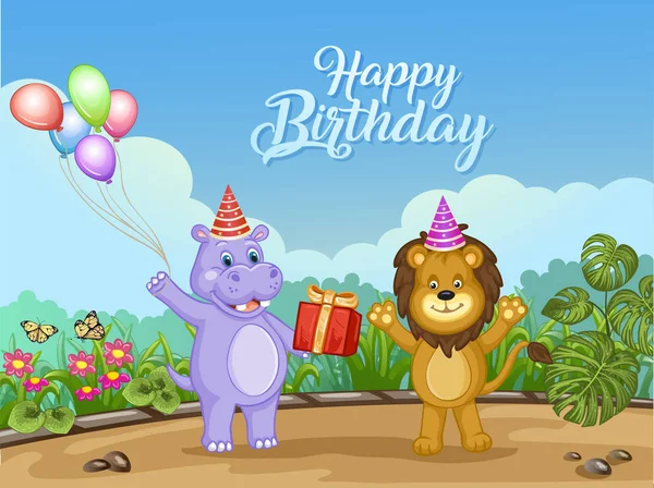 Happy Birthday Card Design mit niedlichen Tieren — Stockvektor