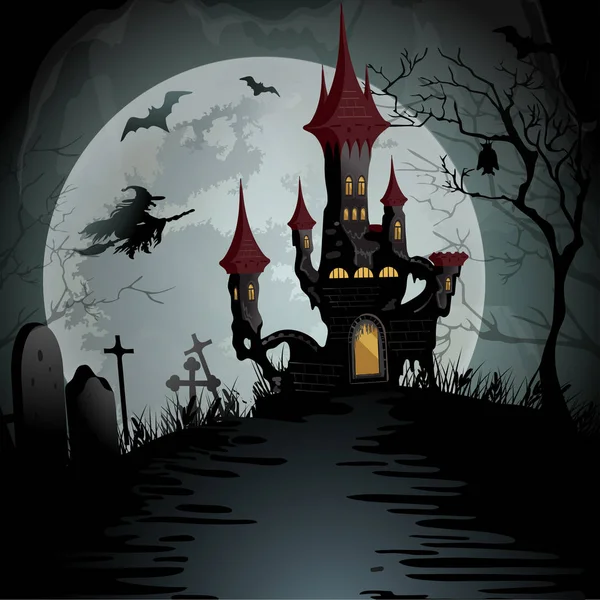 Сцена Хэллоуина с жутким замком-призраком Лицензионные Стоковые Векторы
