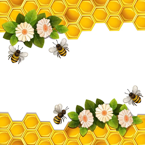 Abeilles Nids Abeilles Fleurs Sur Fond Blanc — Image vectorielle