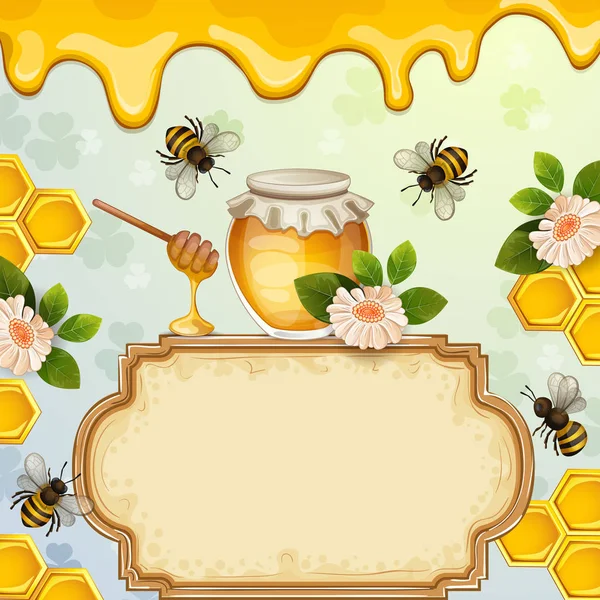 Hermoso Fondo Con Abejas Miel Tarro Flores Panal — Vector de stock