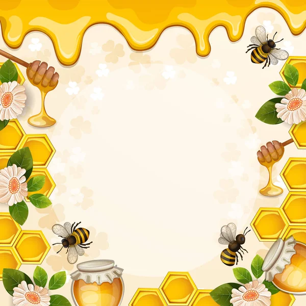 Mooie Achtergrond Met Bijen Honing Kruik Bloemen Honingraat — Stockvector