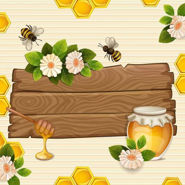 Hermoso Fondo Con Abejas Miel Tarro Flores Panal Abeja Pancarta — Vector de stock