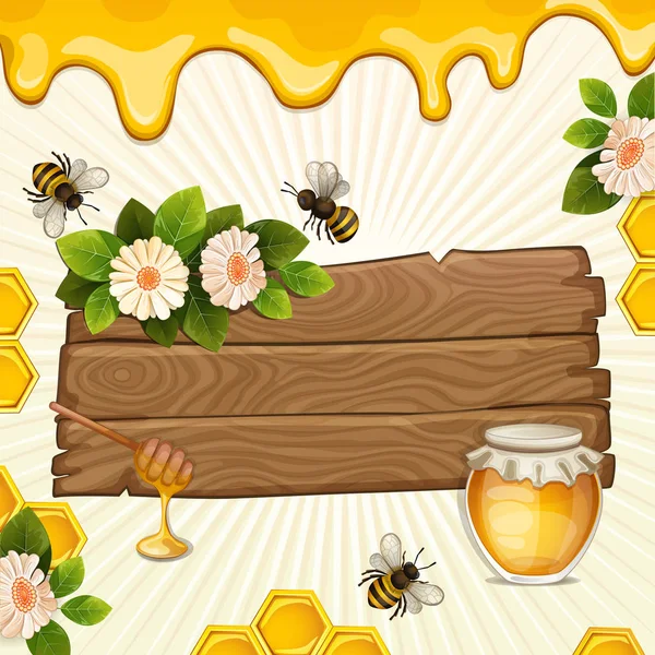Beautiful Background Bees Honey Jar Flowers Honeycomb Wood Banner — Stock Vector