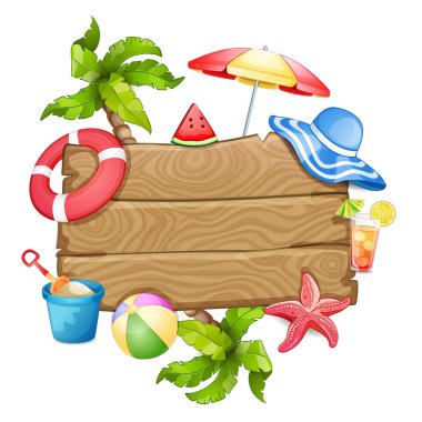 Beyaz arka plan üzerinde ahşap afiş ile öğeleri tatil yaz.