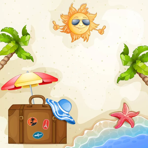 ヴィンテージ スーツケース 海と木々 と夏要素 — ストックベクタ