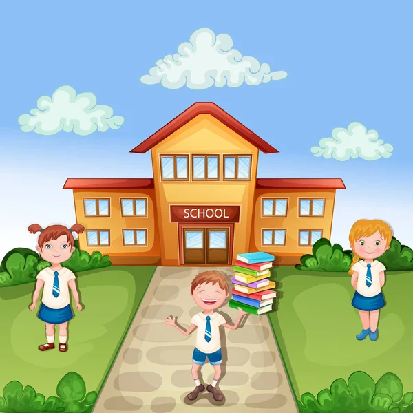 School Gebouw Ilustration Met Gelukkige Kinderen — Stockvector