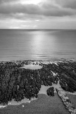 sarı çakıl plaj, sular kenarı üzerinde siyah dokulu kaya oluşumları bir çizgi, kayaların ortasında bir dairesel kaya havuzu, bir martı üzerinde uçan, bir turkuaz deniz ve mavi bulutlu gökyüzü