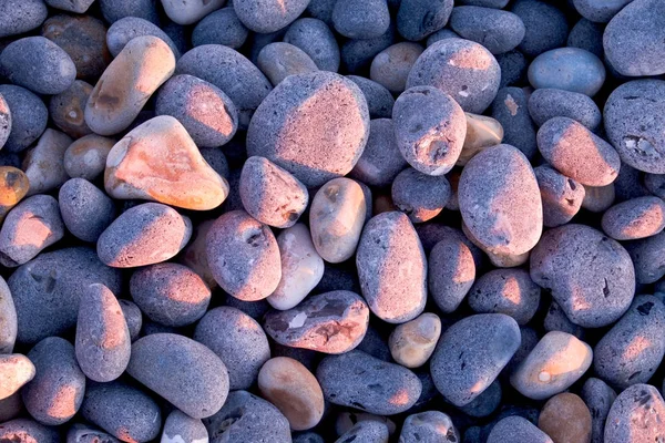 Grey pebbles on beach at sunset with pink glow grom sunset on so — Stock Photo, Image