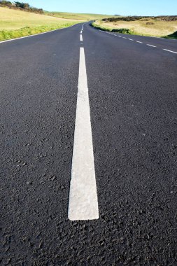 gri asfalt ülke şeritli ortadaki güçlü beyaz çizgilerle 