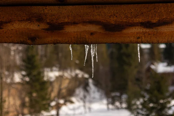 Tahta bir çatıdan buz saçağı süzülüyor.