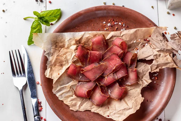 Basturma Scatti Antipasto Carne Birra Piatto Primo Piano Vista Dall — Foto Stock