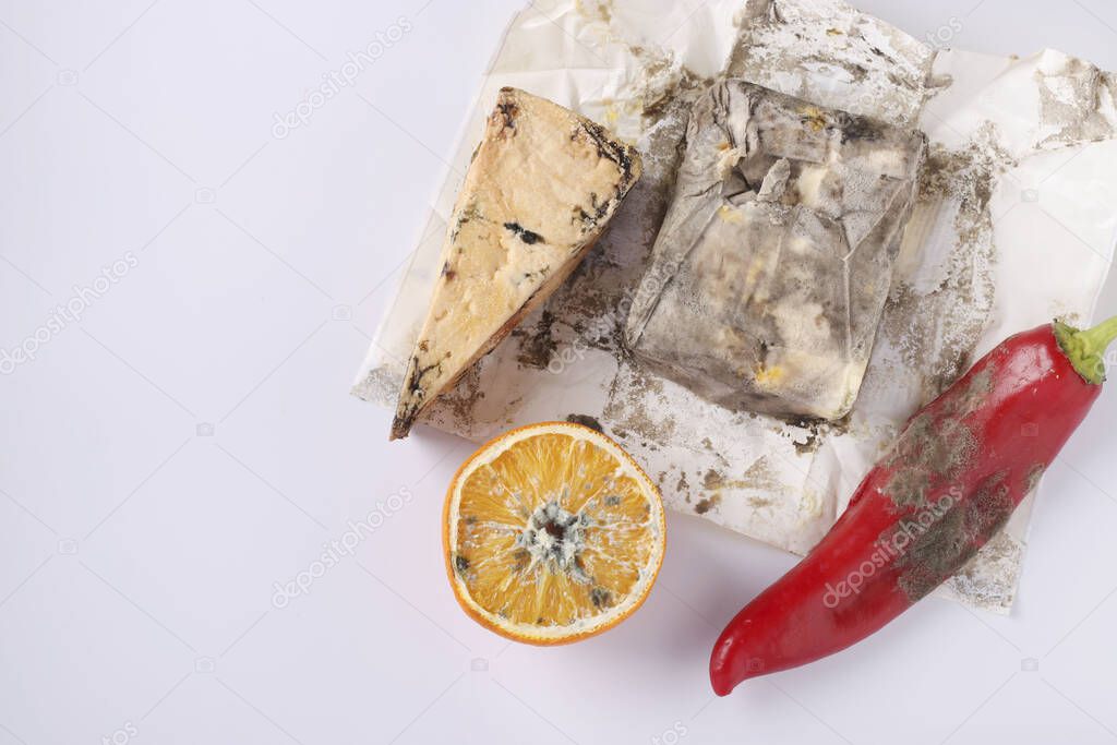 Spoiled rotten foods with mold: orange, pepper, hard cheese and butter on white background, Top view, Copy space