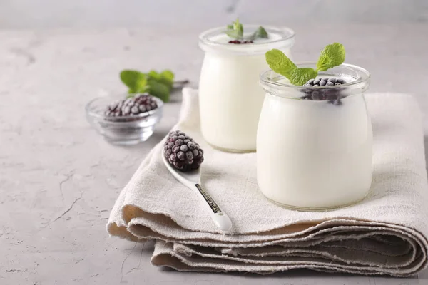 Dwie Porcje Domowej Roboty Naturalnego Jogurtu Organicznego Jeżynami Miętą Szklanych — Zdjęcie stockowe