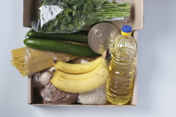 Caja Con Suministros Alimentos Crisis Stock Alimentos Para Período Aislamiento — Foto de Stock
