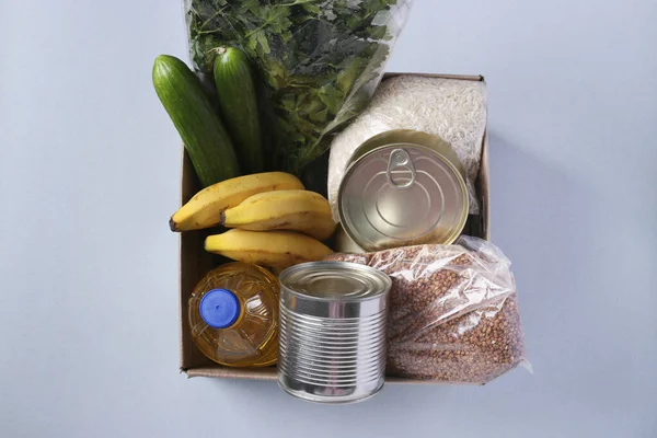 Caja Con Suministros Alimentos Crisis Stock Alimentos Para Período Cuarentena — Foto de Stock