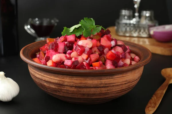 Traditional Russian Salad Vinaigrette Beans Pickles Boiled Vegetables Clay Bowl — Stock Photo, Image