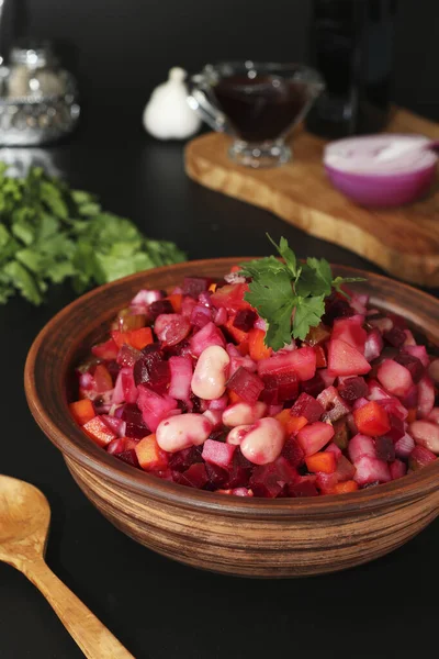 Traditional Russian Salad Vinaigrette Beans Pickles Boiled Vegetables Clay Bowl — Stock Photo, Image