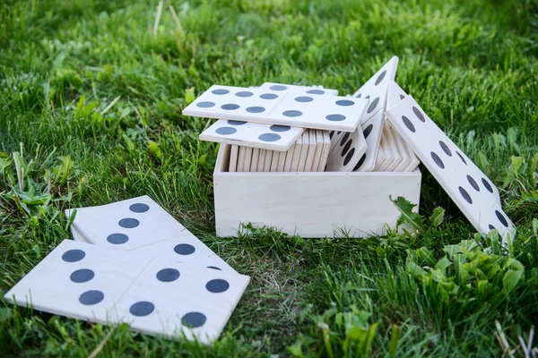 Wooden box with checkers for playing dominoes in nature. Domino domob on the lawn. Outdoor entertainment concept.