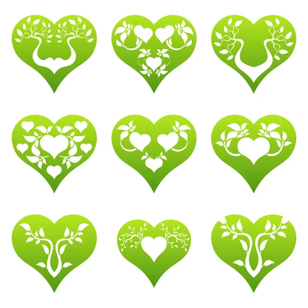 Set Green Love Heart Signs Tree Branches Background — Stock Vector