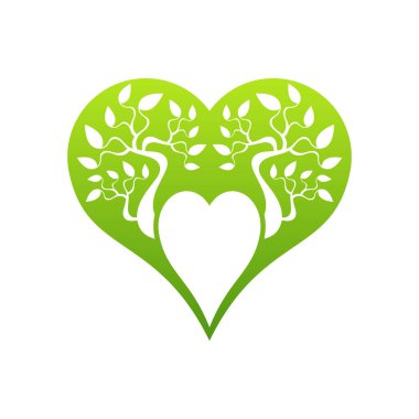 Arka planda ağaç dalları olan yeşil aşk işareti