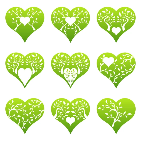 Set Green Love Heart Signs Tree Branches Background — Stock Vector