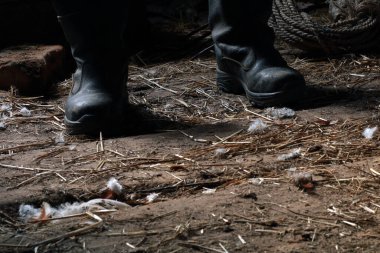 Siyah deri çizmeli adam ahırda.